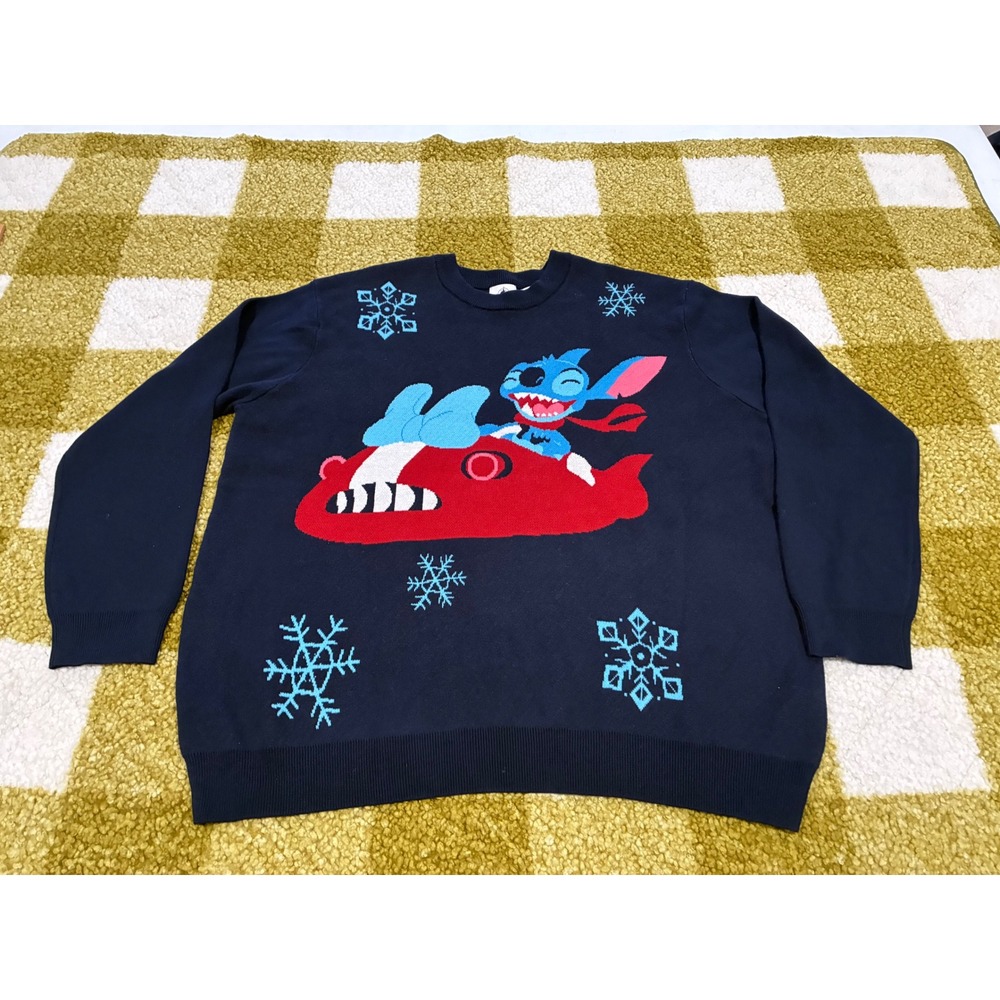 Disney Lilo & Stitch Navy Blue Holiday Sweater XXL Stitch Spaceship Snowflakes